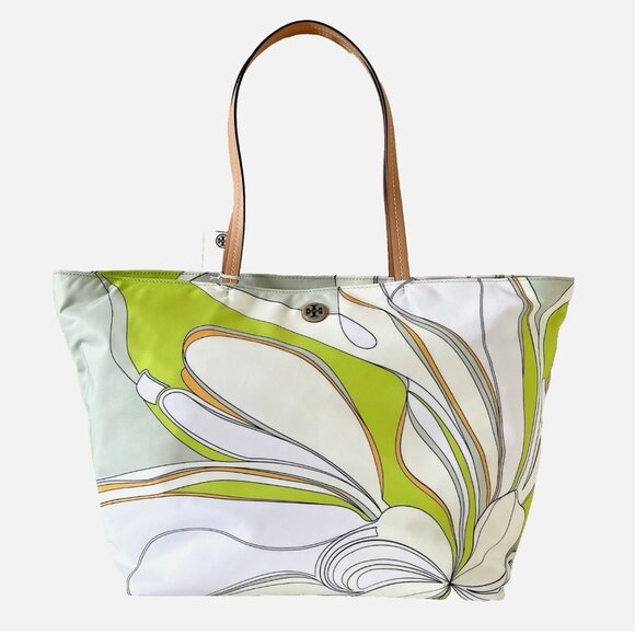 New Tory Burch Twisty Flower Ella Nylon Printed Tote Chartreuse - Picture 1 of 6